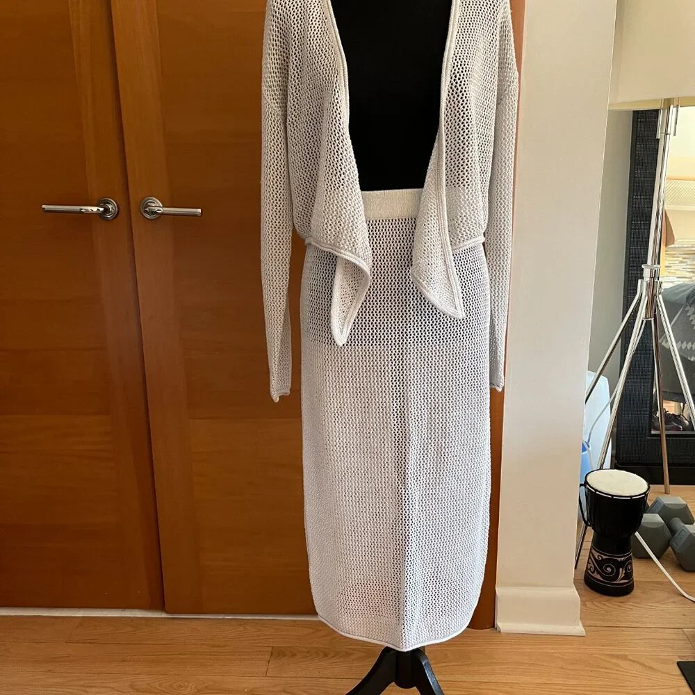 2-Pc.Soft Open Knit Mesh Wrap Top and Pencil Skirt, Size M - Picture 6 of 7